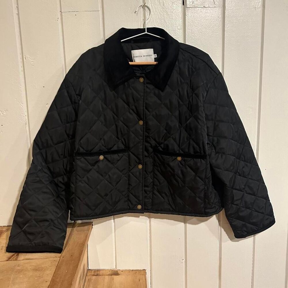 Rebecca Minkoff Black Diamond Quilted Jacket Corduroy Collar Size XL